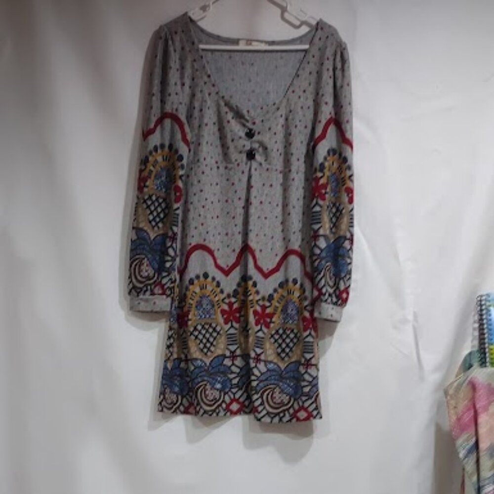ARYEH KNIT BOHO VINTAGE HIPPIE PEASANT DRESS FESTIVE HOLIDAY SCOOP NECK, SIZE L